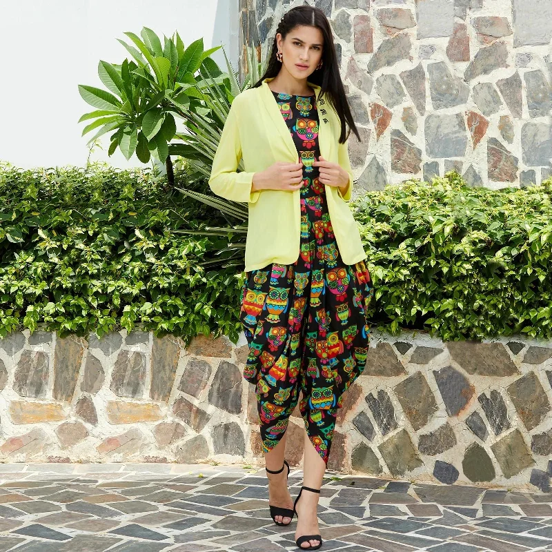 PANNKH Quirky Owl Printed Black Jumpsuit with Embroidered Shrug One-piece jumpsuit, Comfortable, Chic, Stylish