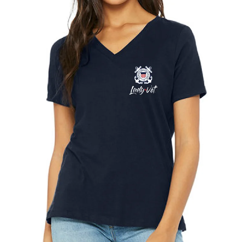Coast Guard Lady Vet Left Chest Logo V-Neck T-Shirt-- Fashionable Trendy Casual