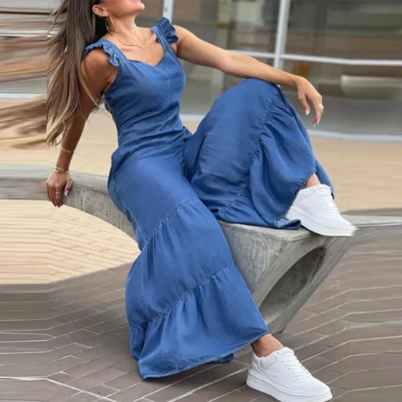 Wjczt Women Solid Imitation Denim Jumpsuits Spring V Neck High Waist Straight Playsuits Summer Backless Wide Leg Pleated Pants Rompers Back tie jumpsuit, Fashionable, Flattering, Casual