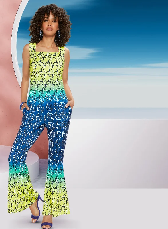 Love The Queen 17471 - Novelty Stretch Print Fabric Jumpsuit Flared leg jumpsuit, Retro style, Trendy, Casual