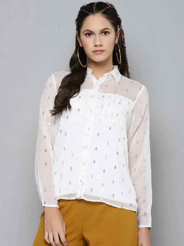 White Lurex Sheer Shirt-- Chenille Blend Fleece Blend Nylon Blend