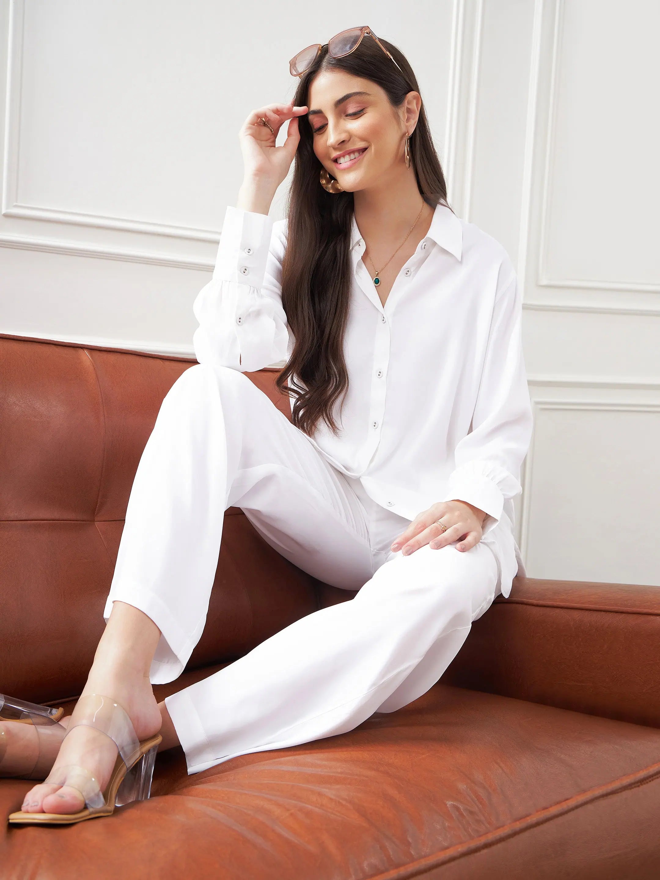 Women White Satin Shirt With Lounge Pants-- Hooded Caped Shawl Collar