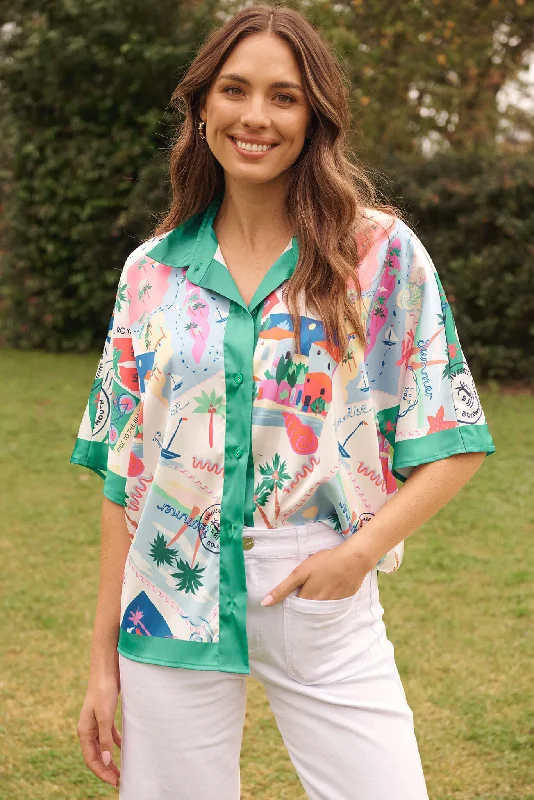 Manarola Shirt In Multi Postcard Satin-- Seamless Knitted Crochet