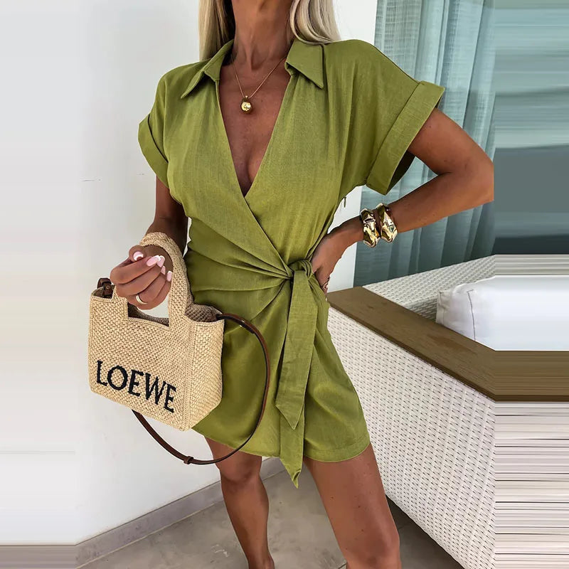 Wjczt Summer Fashion Cotton Linen Jumpsuits For Women Solid Color Lace-up Casual Short Sleeves Lapel Straight Shorts Korean Playsuits Tailored wide-leg jumpsuit, Chic, Elegant, Comfortable