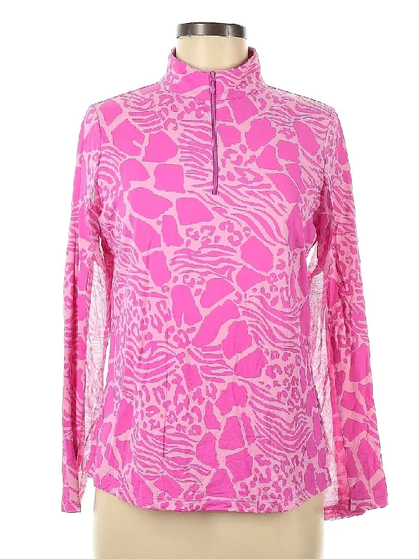 Ibkul Women's Two-Tone Pink Animal Print Long Sleeve Zip Mock Sunshirt Size M. MSP$100