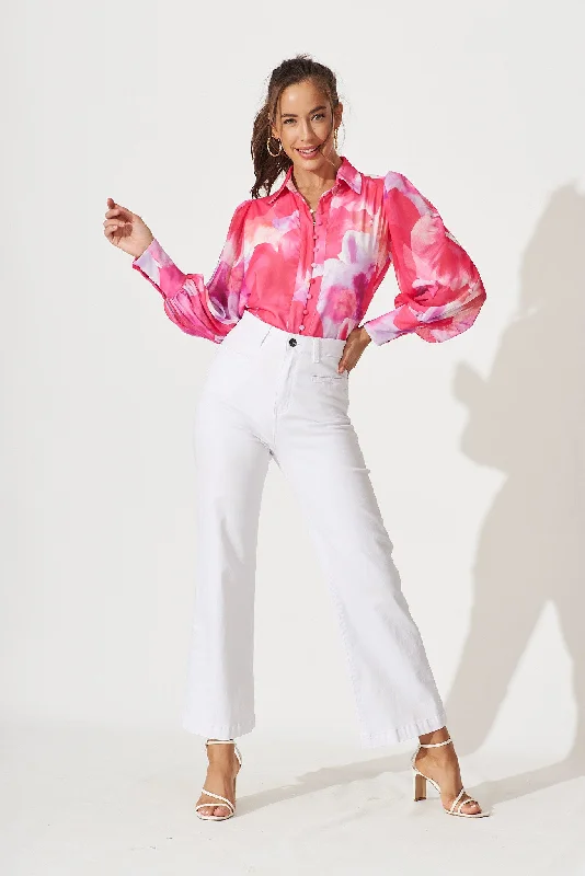 Tours Shirt In Pink With Purple Watercolour Print Chiffon-- Machine Wash Dry Clean Hand Wash
