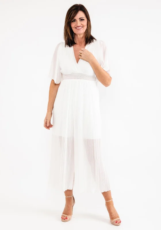 Seventy1 One Size Pleated Chiffon Jumpsuit, White Wide leg print jumpsuit, Comfortable, Casual, Fashionable