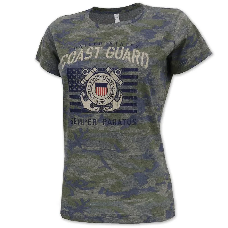 Coast Guard Ladies Vintage Stencil T-Shirt (Camo)-- Plaid T-Shirt Polka Dot Checkered