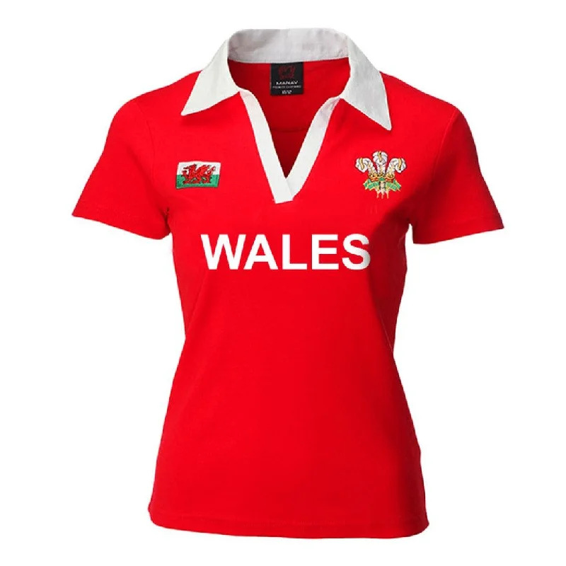 Wales Cymru Womens Short Sleeve 'WALES' Rugby Shirt-- Front Pockets Side Pockets Patch Pockets