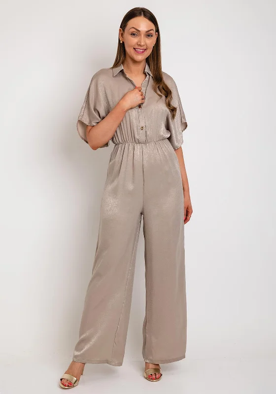 The Sofia Collection Batwing Sleeve Satin Jumpsuit, Sandy Beige Lightweight jumpsuit, Comfortable, Relaxed, Stylish