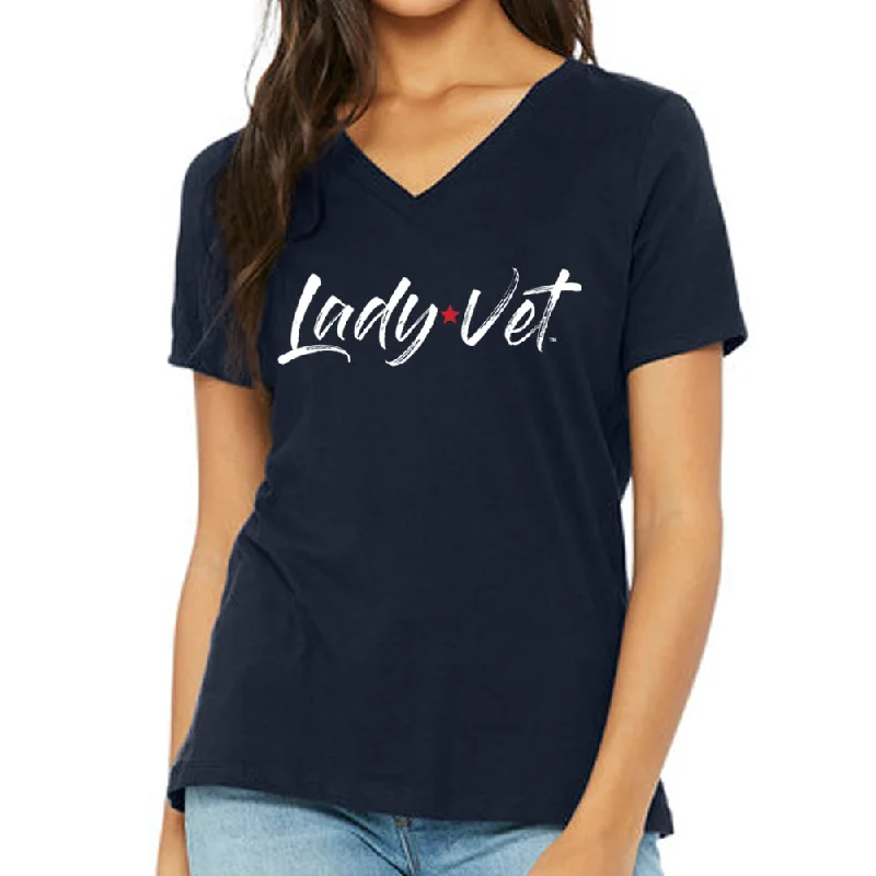 Coast Guard Lady Vet Full Chest Logo V-Neck T-Shirt-- Mesh Canvas Denim