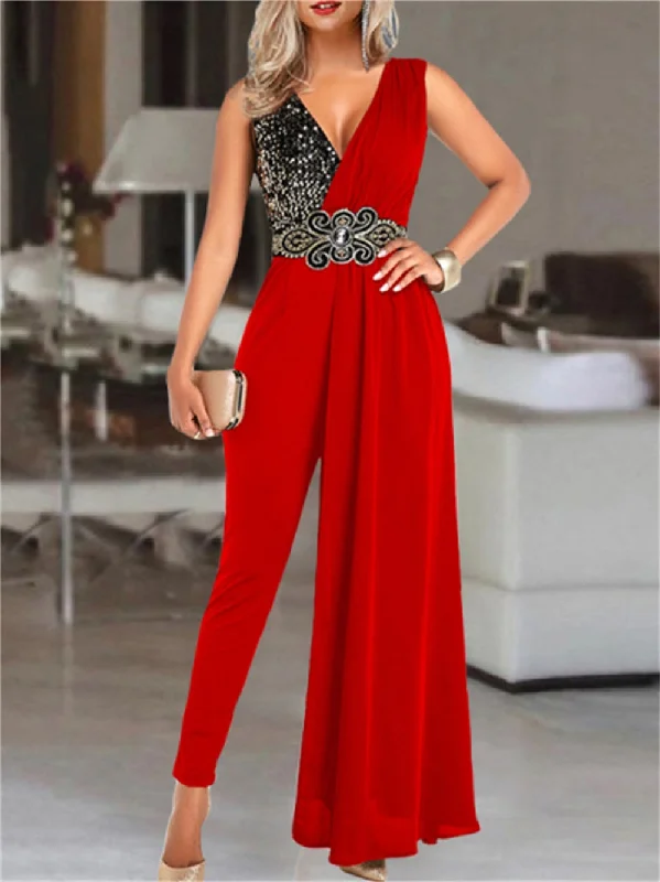 Wjczt Fashion Sequin Print V-neck Jumpsuit Women Office Lady Elegant Sleeveless Jumpsuit Casual Overalls for Women Casual jumpsuit with pockets, Comfortable, Trendy, Street style