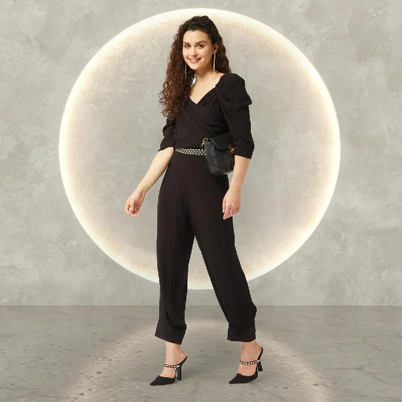 PANNKH Black Solid Ruffle Sleeves Stylish Jumpsuit Printed floral jumpsuit, Feminine, Summer style, Relaxed