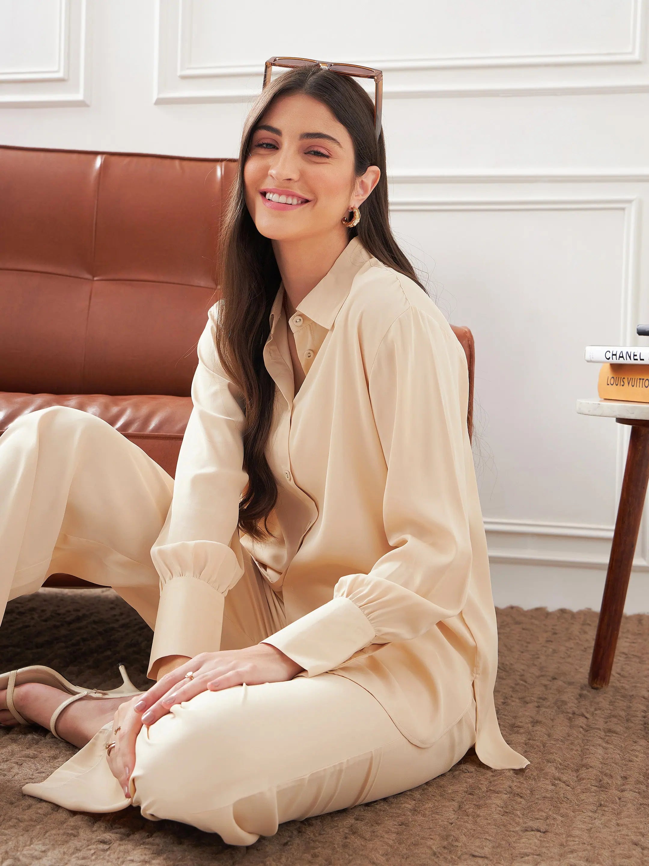 Women Beige Satin Shirt With Lounge Pants-- Rayon Velvet Corduroy