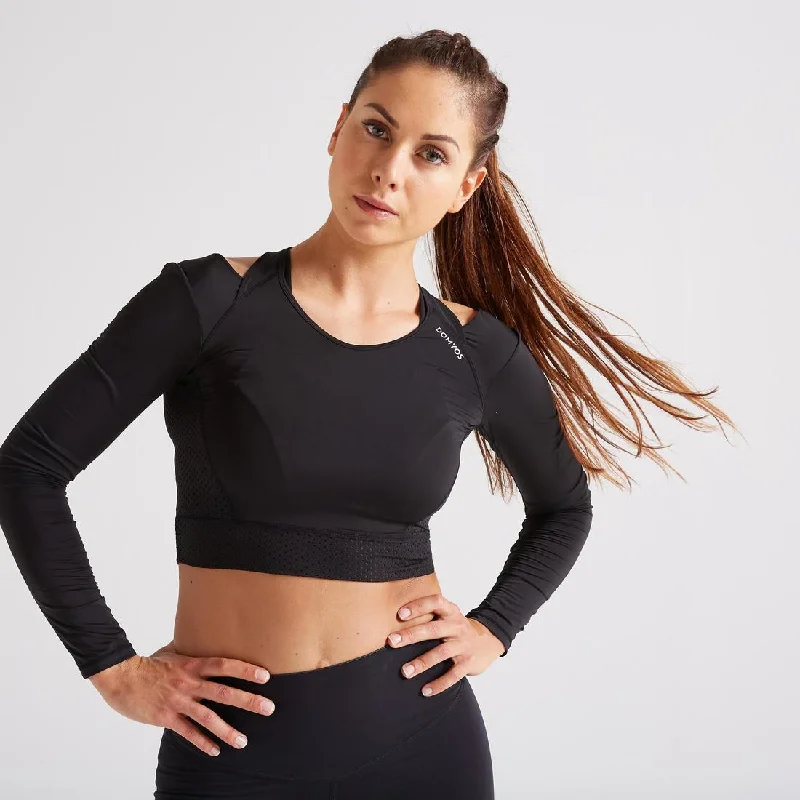 Long-Sleeved Cropped Fitness Cardio T-Shirt - Black-- Front Pockets Side Pockets Patch Pockets