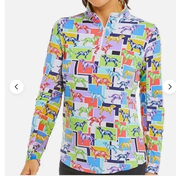 New Women's Ibkul Radmodog Print Long Sleeve Zip Mock Sun Shirt MSP$100