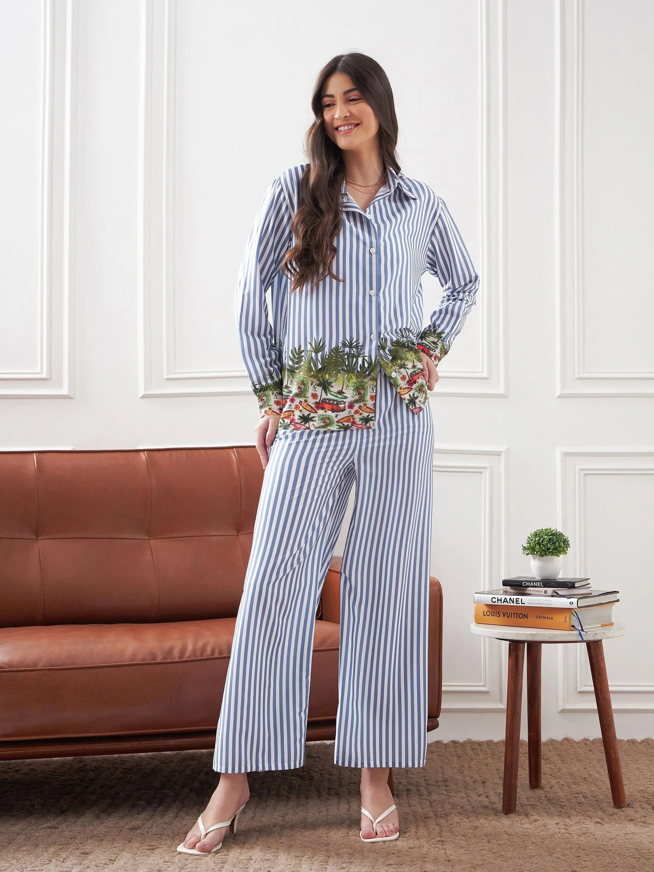 Women Blue Stripes Notch Collar Shirt With Lounge Pants-- Asymmetrical Pockets Print