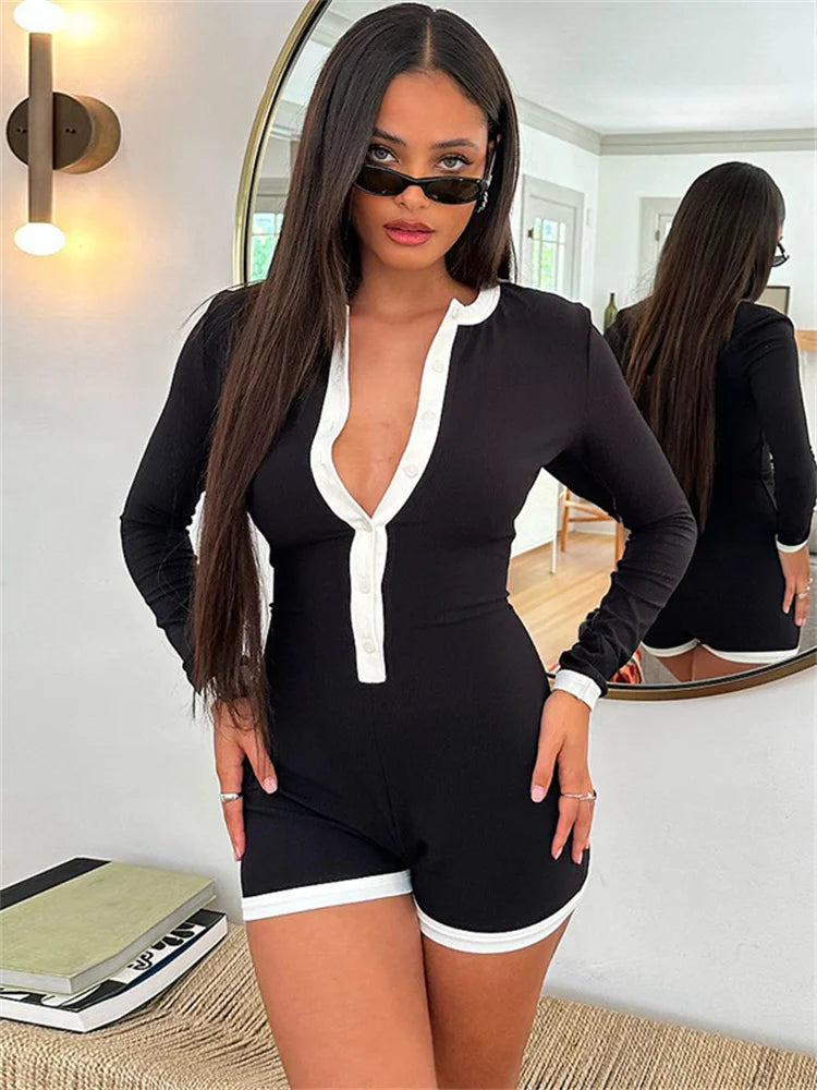 Wjczt Fashion Patchwork Slim Jumpsuit Female Contrast Autumn 2024 Long Sleeve High Waist Bodycon Rompers Women Casual Jumpsuit Red jumpsuit, Bold color, Party wear, Chic