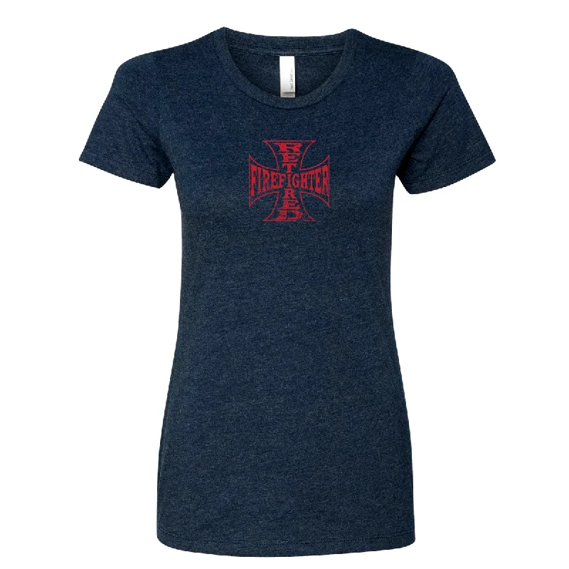 Retired Firefighter Cross Women's Crew Neck Shirt-- Houndstooth Herringbone Solid