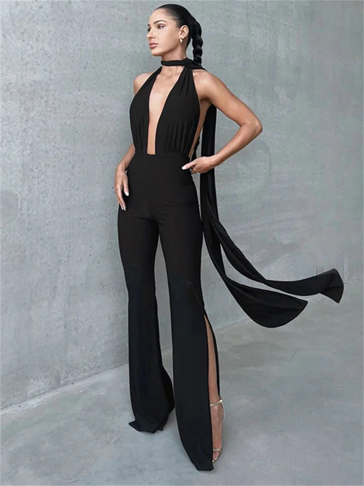 Wjczt Black Backless Hollow Out Rompers Women Sexy Split High Waist Patchwork Fashion Streetwear Pleated Slim Women's Jumpsuit Jumpsuit with zipper, Trendy, Casual, Comfortable