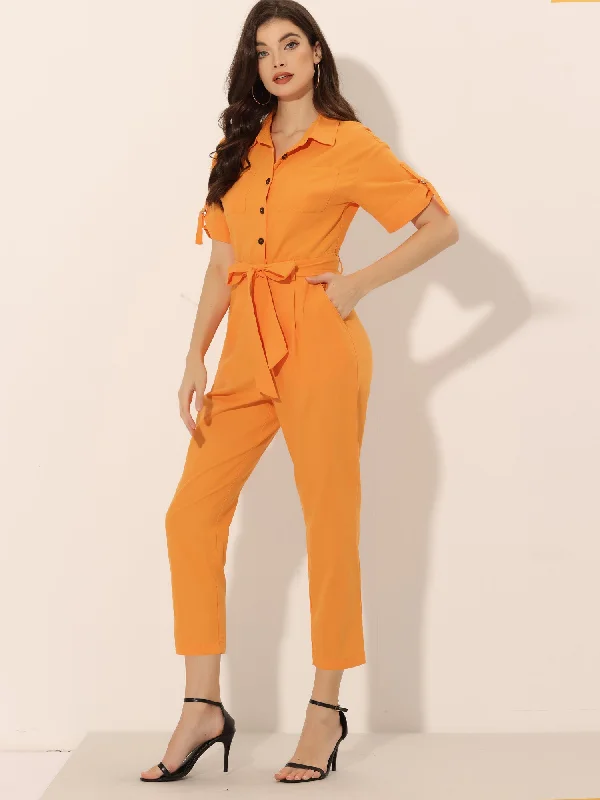 Short Sleeve Button Down Belted Tie Waist Cotton Cargo Jumpsuit Jumpsuit romper, Casual, Relaxed fit, Comfortable