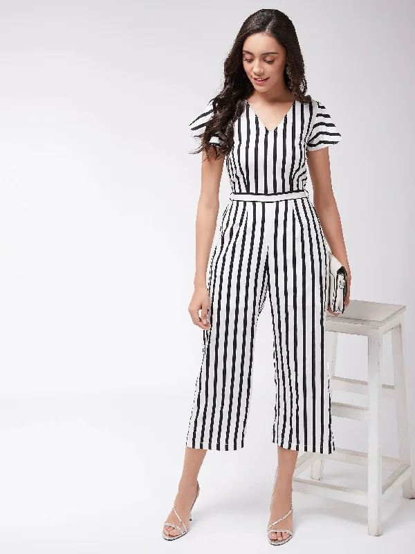PANNKH Women's Black & White Monocromatic Stripes Jumpsuit Zipper jumpsuit, Sleek, Trendy, Casual