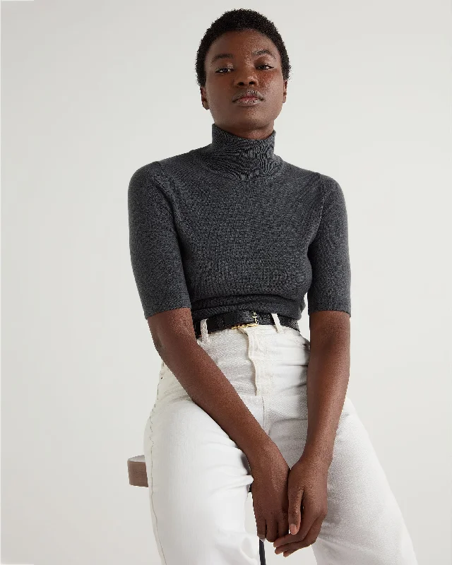 Women's Mock Neck Cashmere T-Shirt Anthracite Grey-- Cashmere Blend Cotton Blend Poly Blend