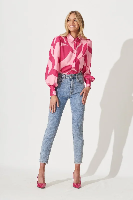 Callia Shirt In Pink With Fuchsia Print-- Lace Blend Ribbed Blend Corduroy Blend