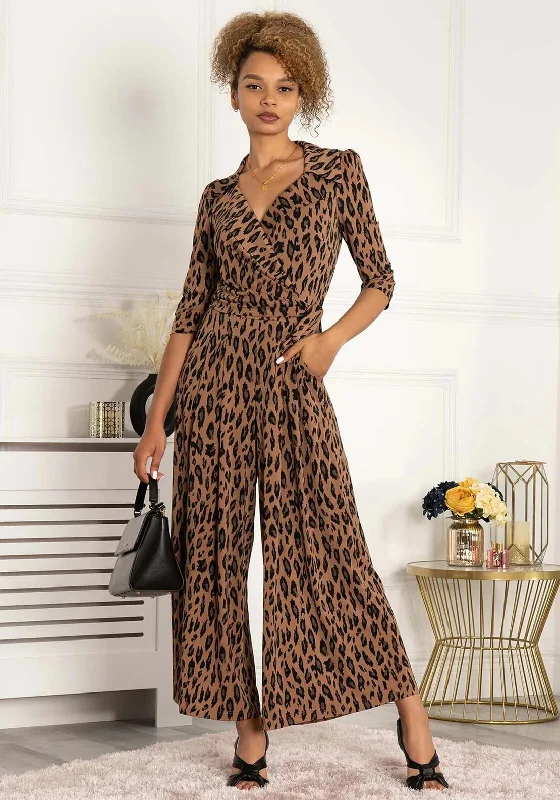 Jolie Moi Saphira Leopard Print Jumpsuit, Brown Jumpsuit with knot, Elegant, Chic, Comfortable
