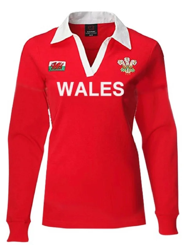 Wales Cymru Womens 'Hannah' Long Sleeve 'WALES' Rugby Shirt-- Hooded Caped Shawl Collar