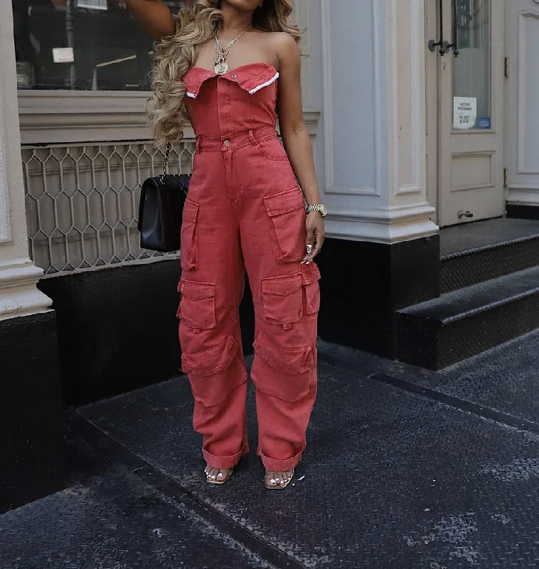 N0983-3P - WIDE LEG TWILL CARGO JUMPSUIT Back tie jumpsuit, Feminine, Trendy, Stylish