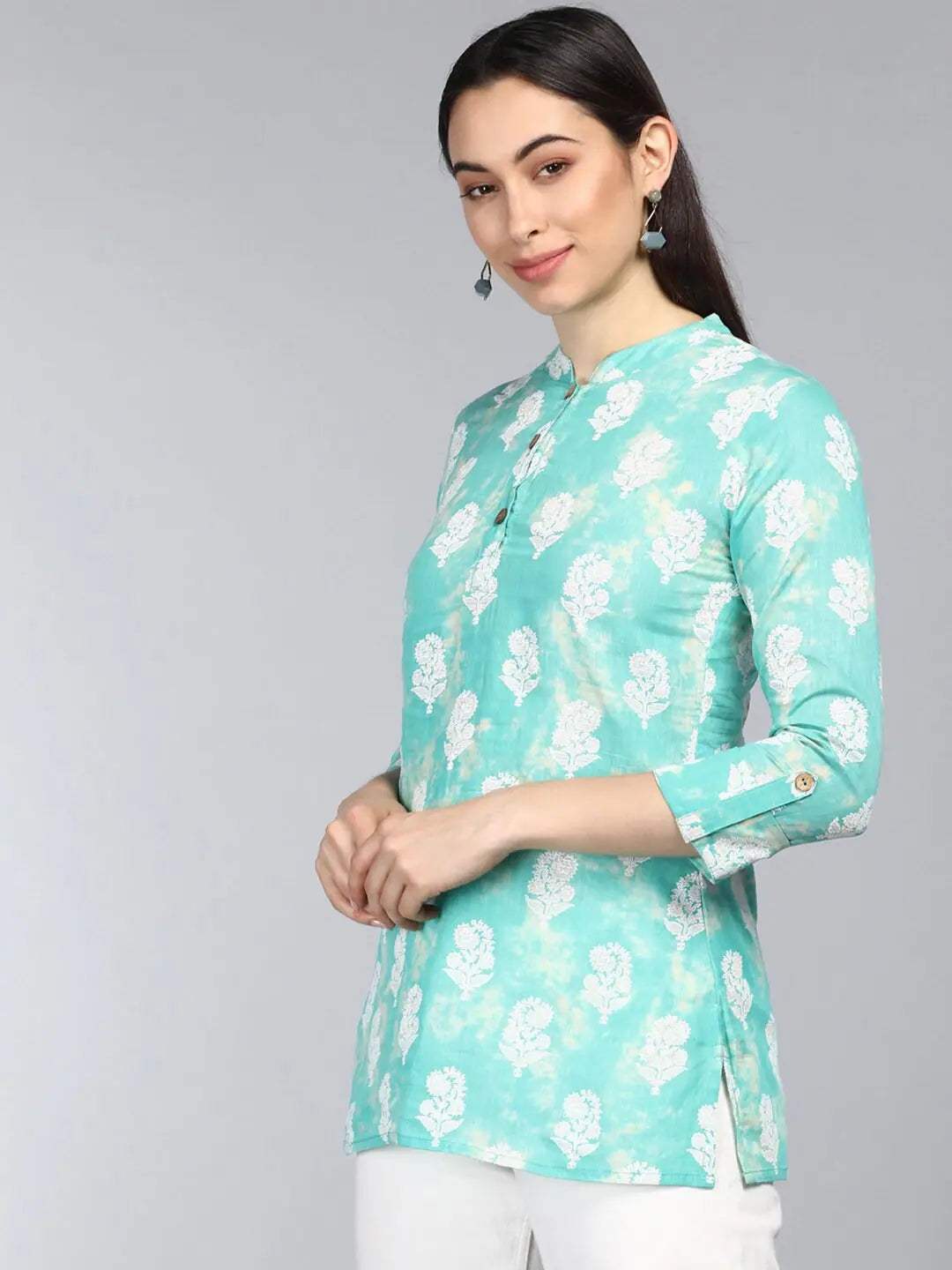 Ahika Sea Green Floral Print Mandarin Collar Shirt Style Top-- Rayon Velvet Corduroy