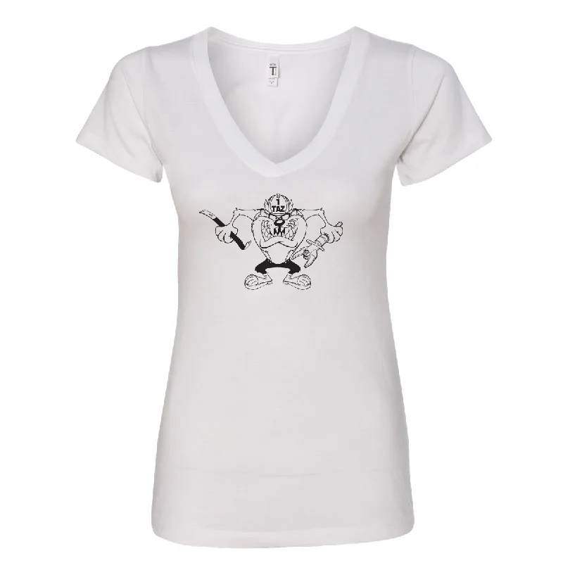 FFC 343 Crazy Taz Premium Women's V-Neck Shirt-- Embroidered Appliqued Beaded