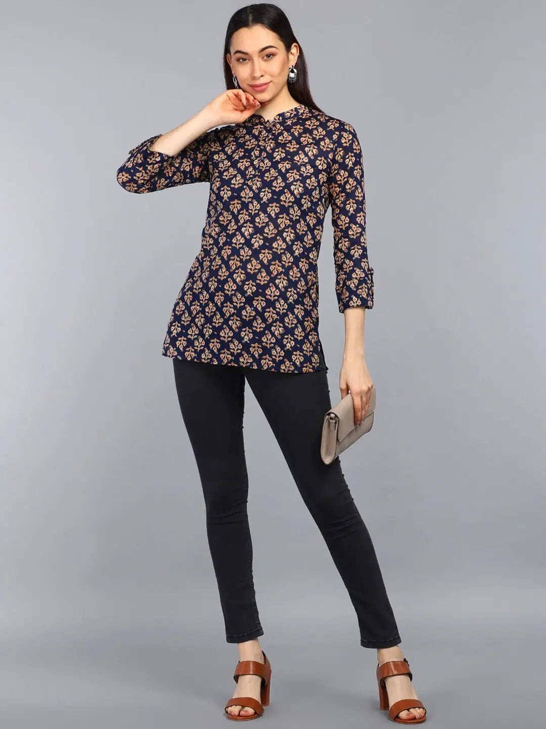 Ahika Navy Blue Floral Print Mandarin Collar Shirt Style Top 1-- Mesh Canvas Denim
