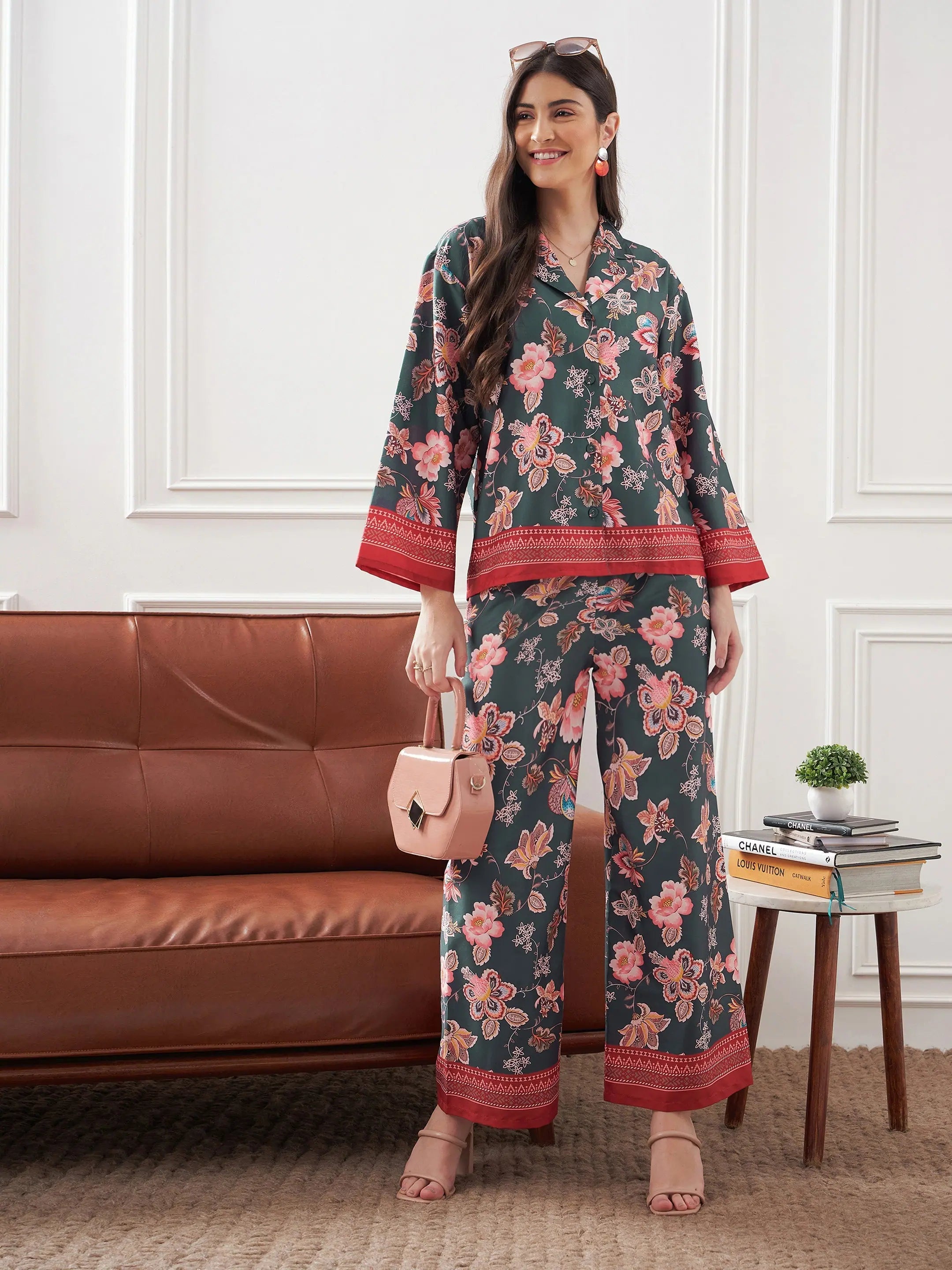 Women Grey & Rust Floral Notch Collar Shirt With Lounge Pants-- Oversized T-Shirt Spandex breathable