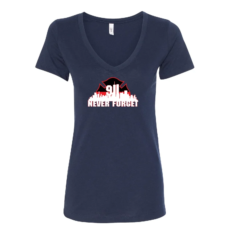 Thin Red Line 9/11 Skyline Women's V-Neck Shirt-- Denim Fabric Leather Fabric Suede Fabric