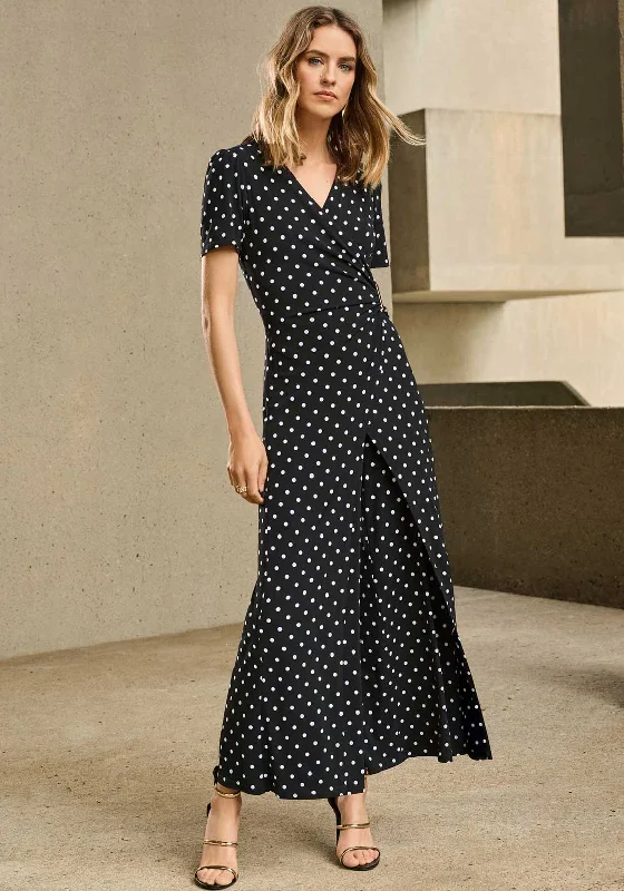 Joseph Ribkoff Polka Dot Wrap Culotte Jumpsuit, Black Jumpsuit with bow tie, Feminine, Trendy, Elegant