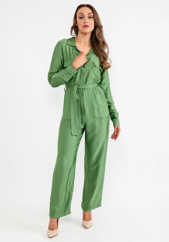 Seventy1 One Size Silk Blend Utility Jumpsuit, Green Ruffle sleeve jumpsuit, Feminine, Elegant, Stylish