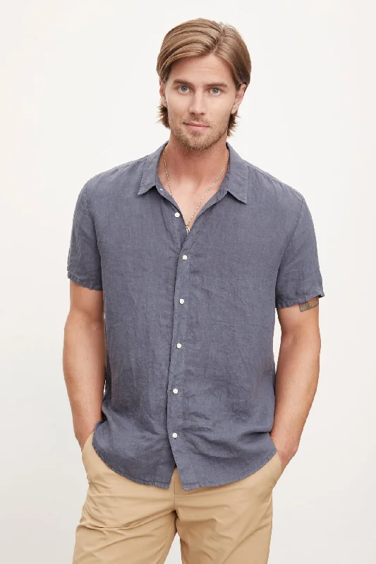 MACKIE LINEN BUTTON-UP SHIRT-- Spandex Blend Rayon Blend Denim Blend