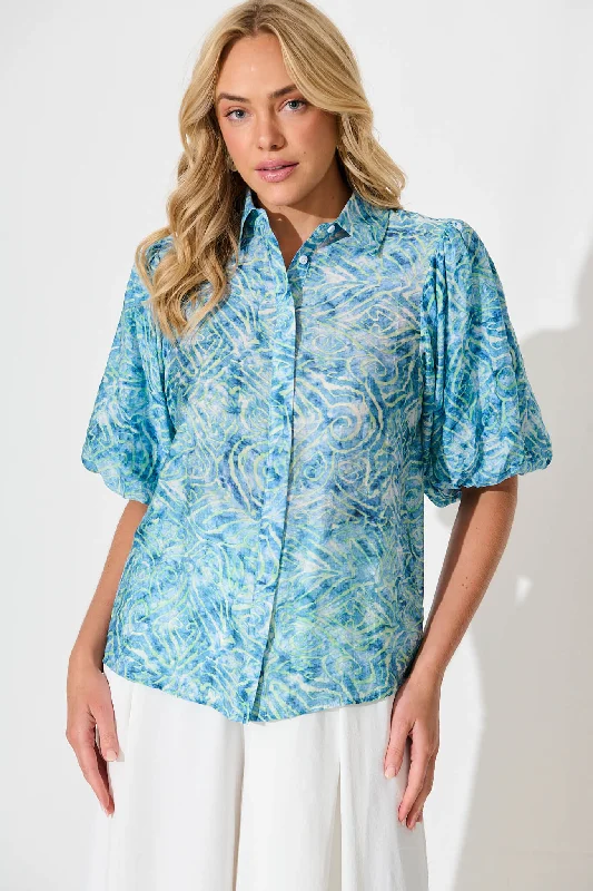 Aeryn Shirt in Blue Print-- Rayon Fabric Velvet Fabric Corduroy Fabric