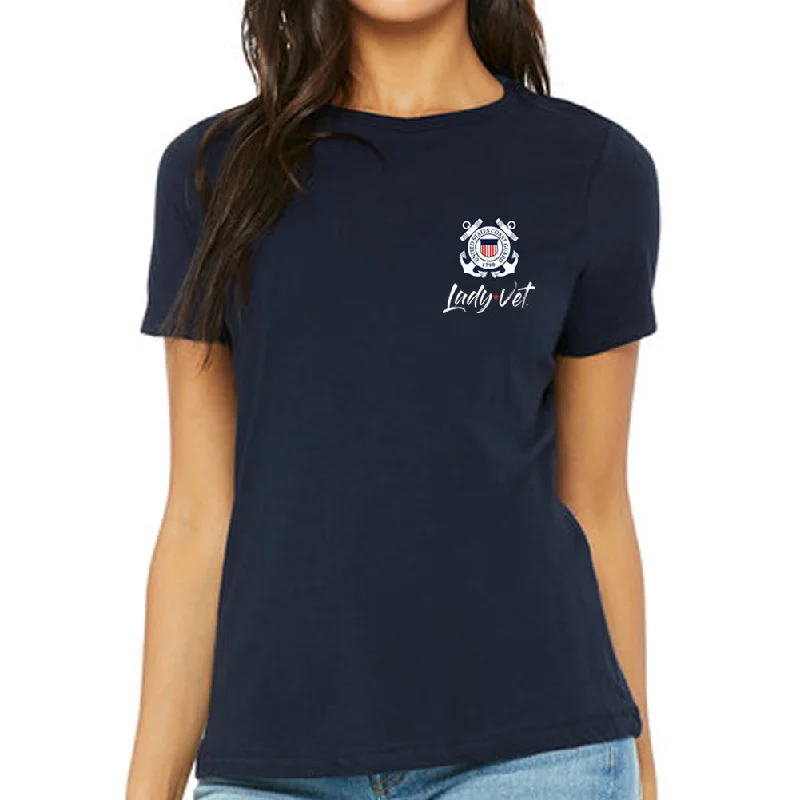 Coast Guard Lady Vet Left Chest Logo Ladies T-Shirt-- Chenille Brocade Lace