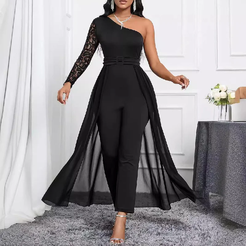 Summer Elegant One Shoulder Long Sleeve Lace Slim Chiffon Straight Leg Pants Women Jumpsuit Denim jumpsuit, Classic design, All-season, Casual