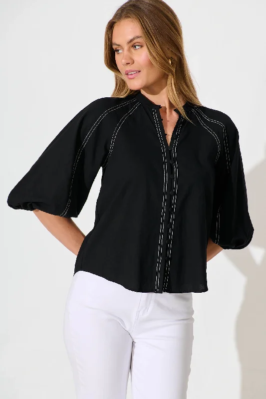 Fabiana Shirt in Black Cotton Blend-- Beaded Sequined Faux Fur