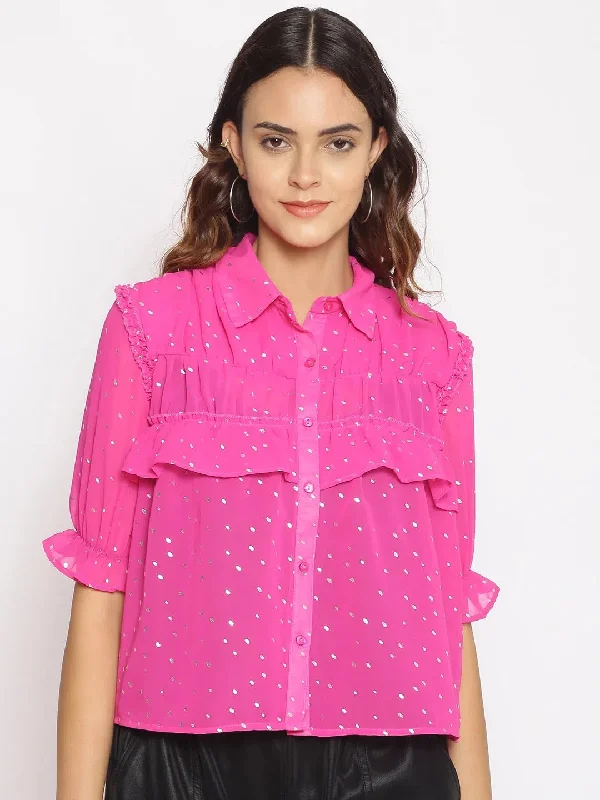 Pink Foil Print Frilled Shirt-- Notch Collar Peter Pan Collar Cowl Neck