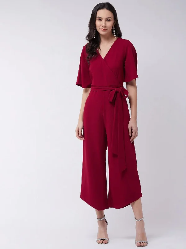 PANNKH Red Solid Overlap Jumpsuit Denim romper jumpsuit, Comfortable, Street style, Trendy