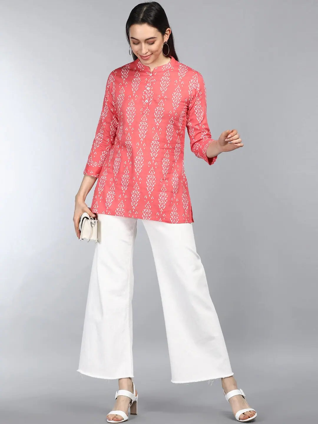 Ahika Coral Print Mandarin Collar Shirt Style Longline Top-- Fleece Nylon Spandex