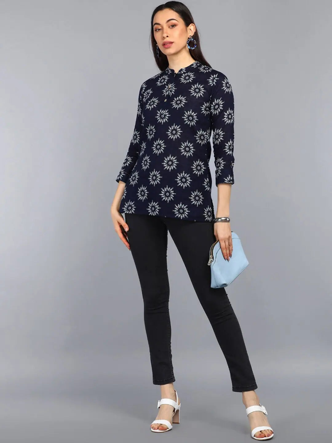Ahika Navy Blue Floral Print Mandarin Collar Shirt Style Top-- Chenille Brocade Lace