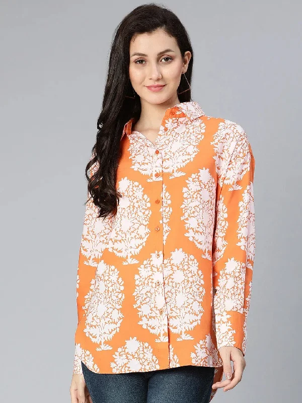Dearing rust tropical printed women trendy shirt-- Zippered Buttoned Snapped