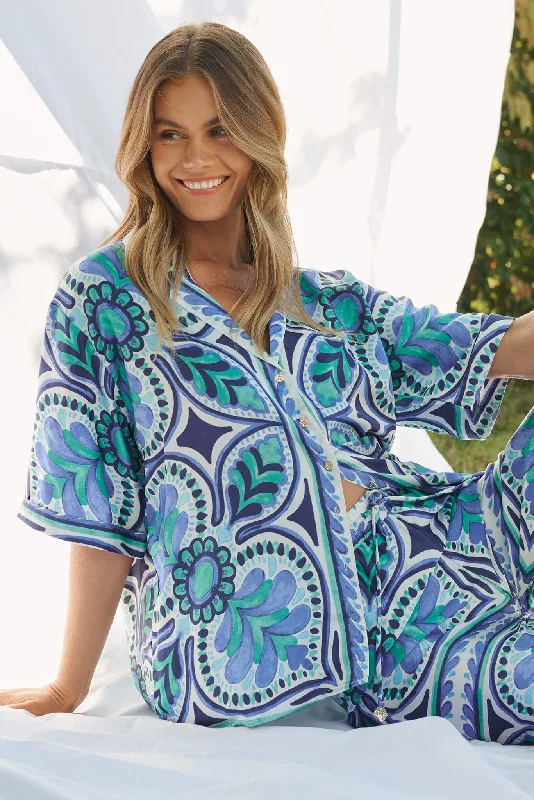 Prescott Shirt In Blue And Green Tile Print-- Solid Color Striped Floral