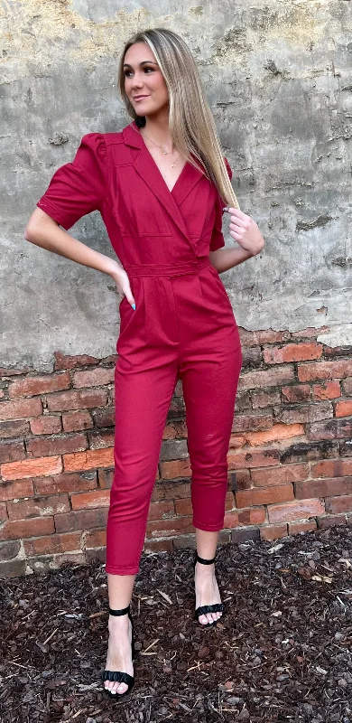 Crimson denim jumpsuit High waist jumpsuit, Sleek, Chic, Comfortable